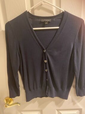 Ann Taylor Navy Silk Cardigan Crewneck Sweater EUC